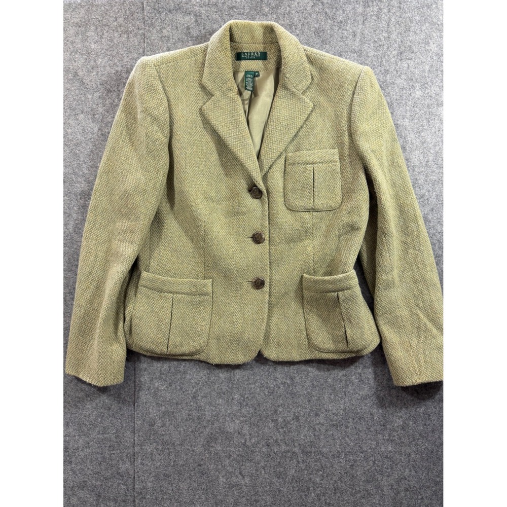Lauren Ralph Lauren Petite Wool Blend Tweed Blazer Olive Tan 8P Crest Buttons
